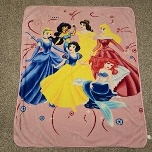 Vintage Disney Princess Plush Blanket Ariel Snow White Aurora Jasmine Belle Pink
